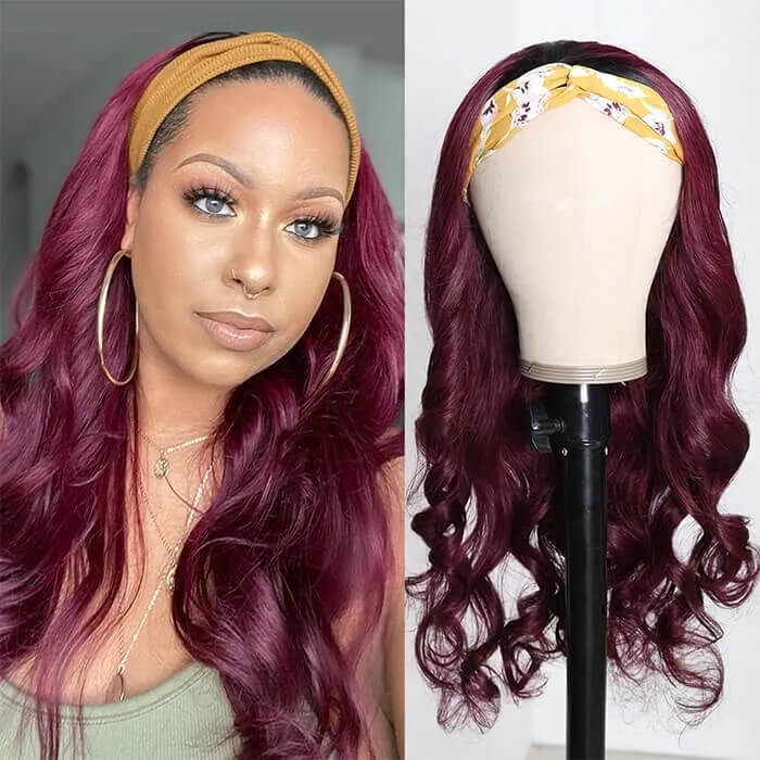 #99J Sugar Plum Color Headband Wig 100% Human Hair With Black Root | Throw On & Go - 1984brand