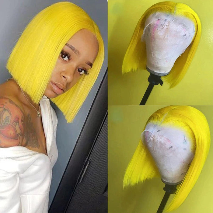 Yellow Straight Human Hair Bob Wigs 13x4 Brazilian Remy Colored Short Bob Wigs Glueless Human Hair Wigs hermosahair