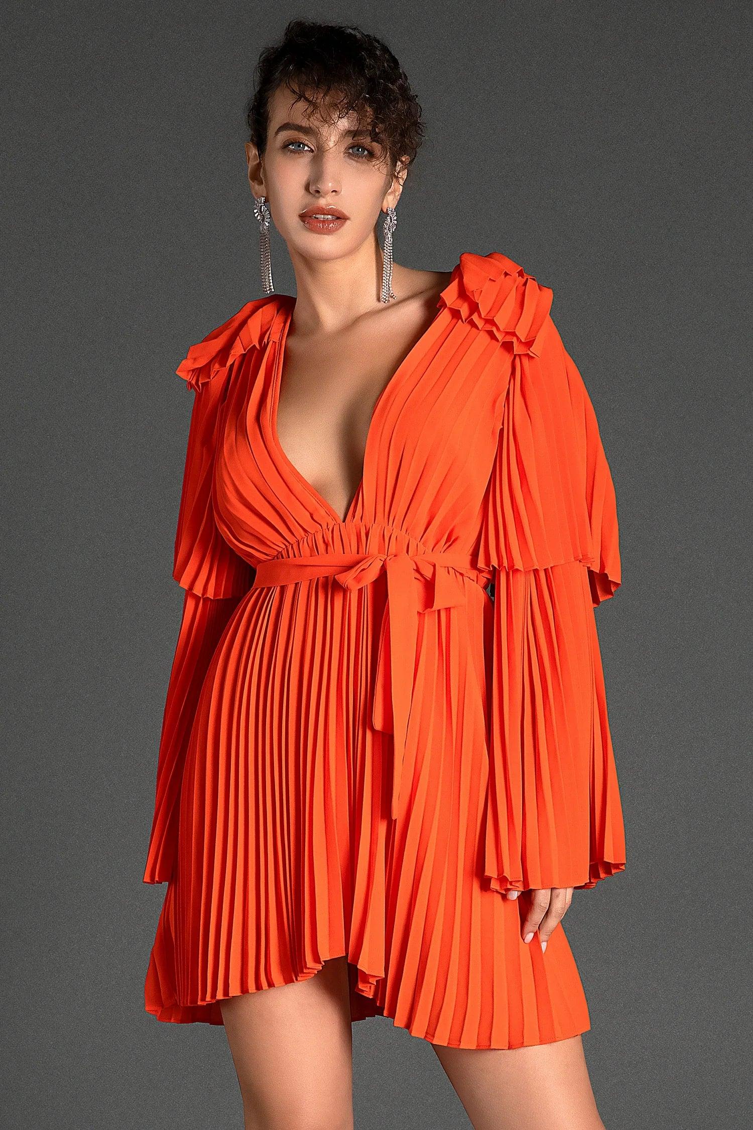 Sappho V-Neck Bell Sleeve Pleated Dress