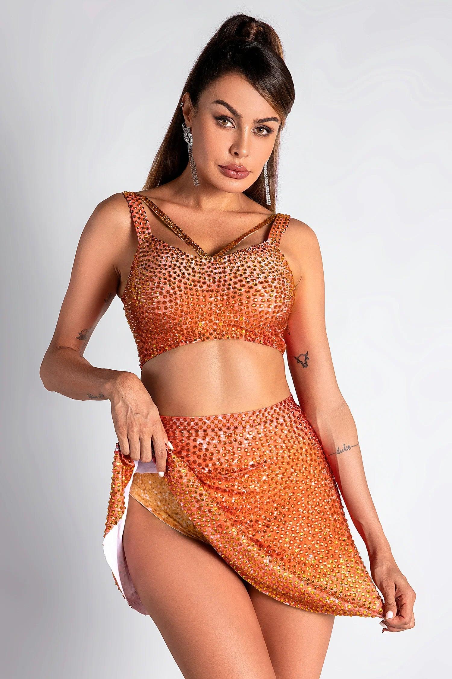 Pre-Sale Melaki Orange Rhinestone 3 Piece Skirt Set Acmefun