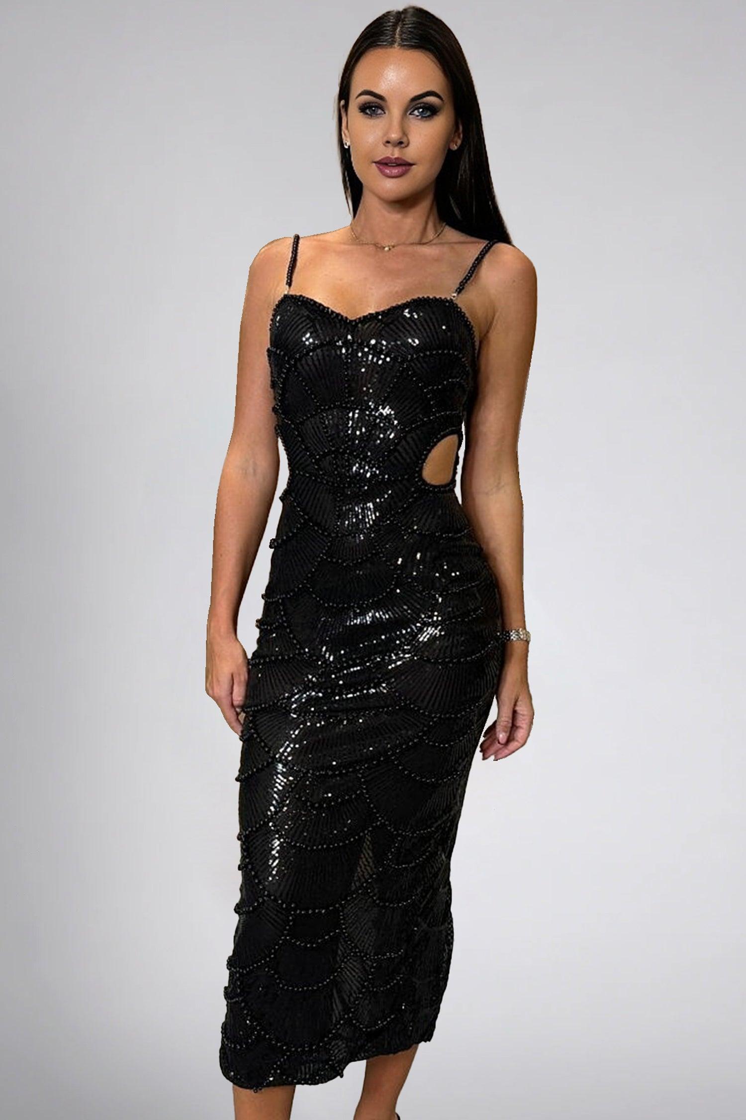 Ifigeneia Pearl Sequin Cut Out Midi Dress Acmefun