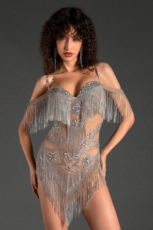 Mineli Diamond Mesh Fringe Bodysuit