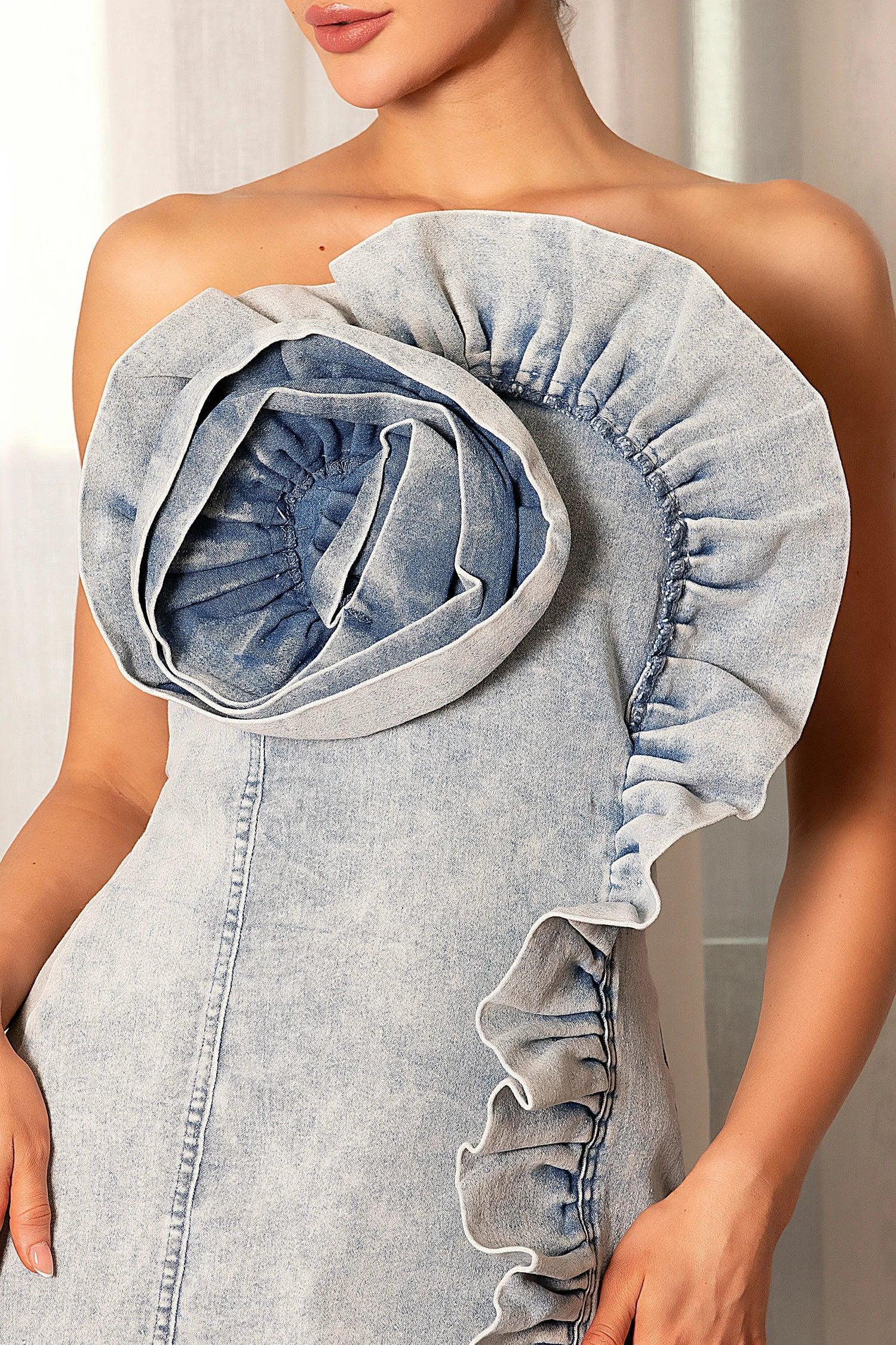 Spaniadi Denim 3D Flower Mini Dress Acmefun