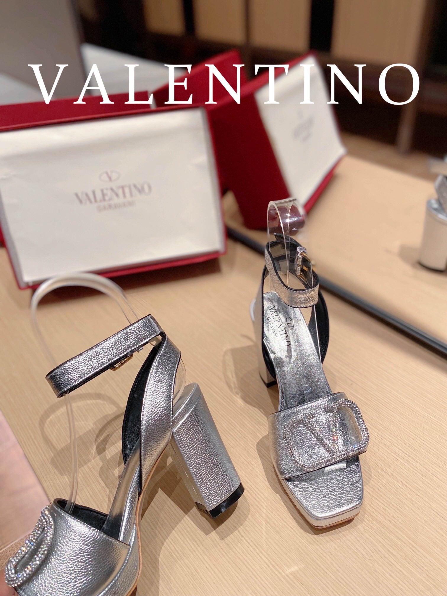 Valentino Garavani Strap Heeled Sandals With V Logo Crystal Embellishment Silver For Women