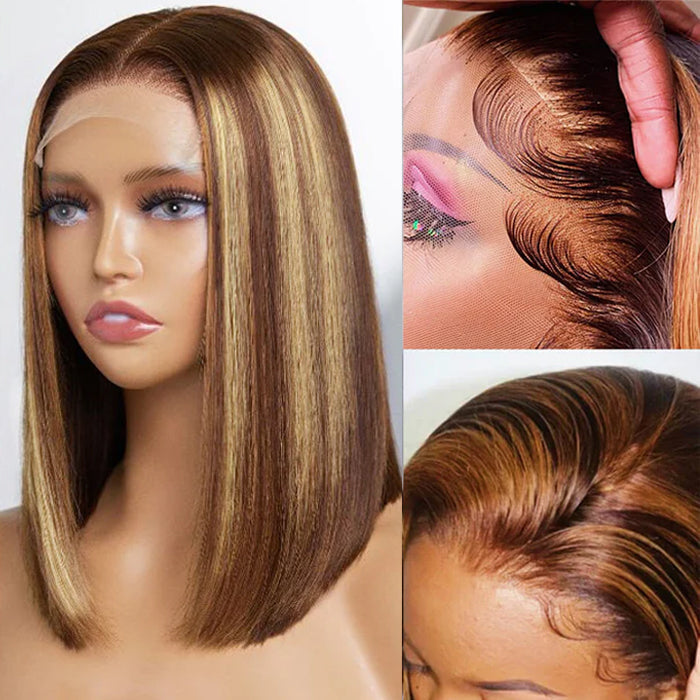 P4/27 Highlight Short Straight Bob 4x4 Lace Closure Wig 100% Human Virgin Hair 150% Density hermosahair