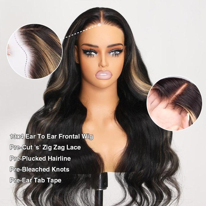 13x4 Ear To Ear Lace Frontal Straight & Body Wave Wig With Blonde Highlights Pre-All Glueless Wig - 1984brand