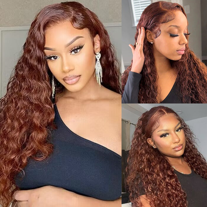 #33 Reddish Brown Color Water Wave 13x4 13x6 HD Lace Front Wigs Human Hair Pre Plucked - 1984brand