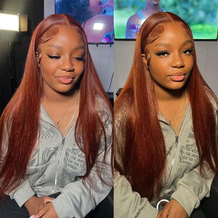 #33 Red Brown Auburn Colored Straight Lace Front Wig 13x4 13x6 HD Transparent Lace Frontal Wigs - 1984brand