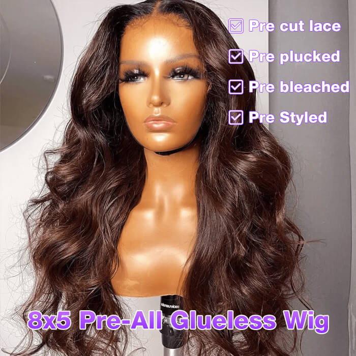 Pre-plucked Glueless 8x5 Pre Cut HD Lace Wigs #4 Chocolate Brown Body Wave Wig Super Secure hermosahair