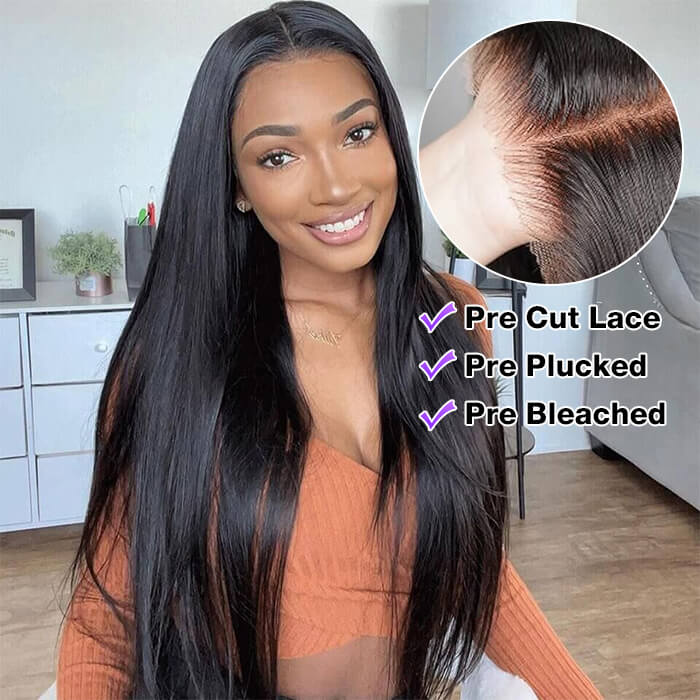 Pre Bleached 13x4 Lace Frontal Straight Wig Super Secure Put On and Go Glueless Wig Human Hair Hermosa Hair