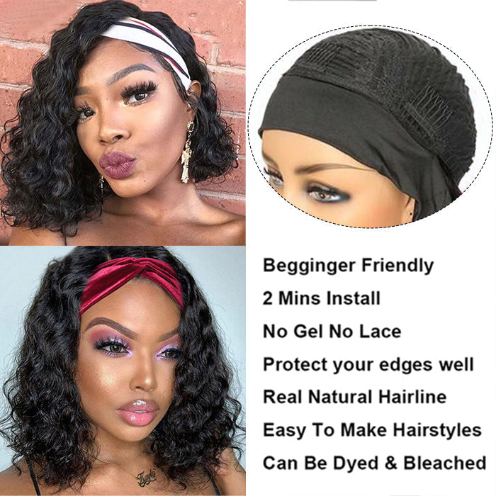 Water Wave Hair Headband Bob Wig Human Hair Half Wig 10-14 Inch Human Hair Headband Wig Hermosa Hair