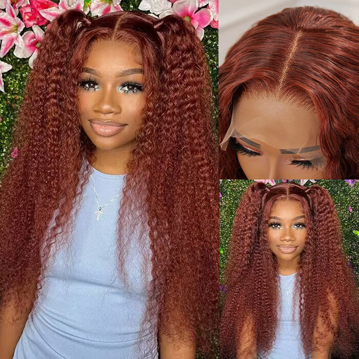 Curly Human Hair Wigs #33 Red Brown Auburn Colored Wig 13*4 5*5 HD Transparent Lace Front Wigs Hermosa Hair