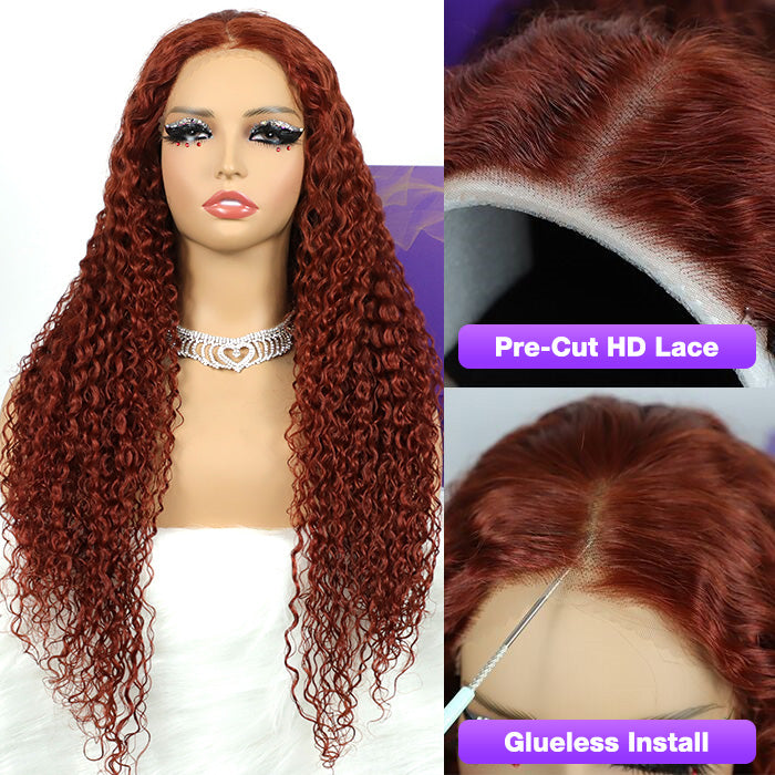 Reddish Brown Curly Glueless Wig Pre-plucked 8x5 Pre Cut HD Lace Wig Quick & Easy hermosahair