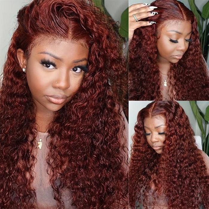 #33 Reddish Brown Water Wave Glueless Wig Big Parting 8*5 HD Lace Closure Wigs Ready To Wear - 1984brand