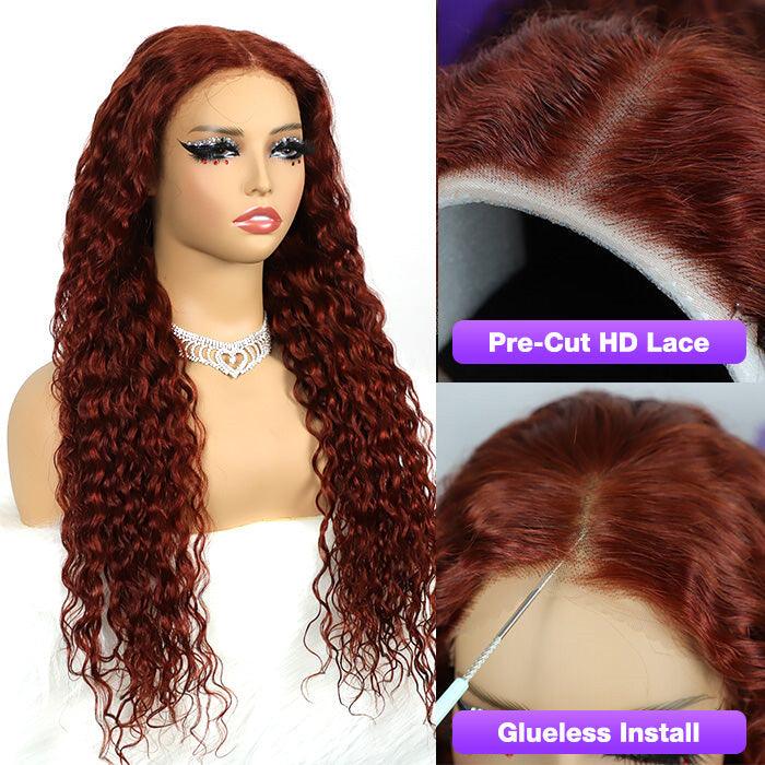 #33 Reddish Brown Water Wave Glueless Wig Big Parting 8*5 HD Lace Closure Wigs Ready To Wear - 1984brand