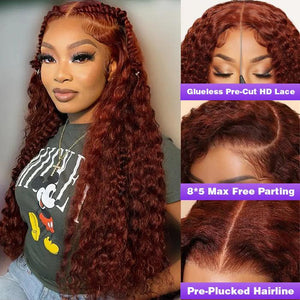 #33 Reddish Brown Water Wave Glueless Wig Big Parting 8*5 HD Lace Closure Wigs Ready To Wear - 1984brand