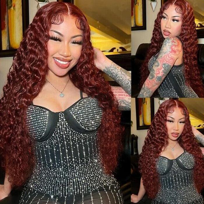 #33 Reddish Brown Water Wave Glueless Wig Big Parting 8*5 HD Lace Closure Wigs Ready To Wear - 1984brand