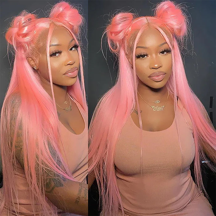 13x4 HD Lace Frontal  Human Hair Wigs Straight Pink Color Wig For Women Pre Plucked Bleached Knots - 1984brand