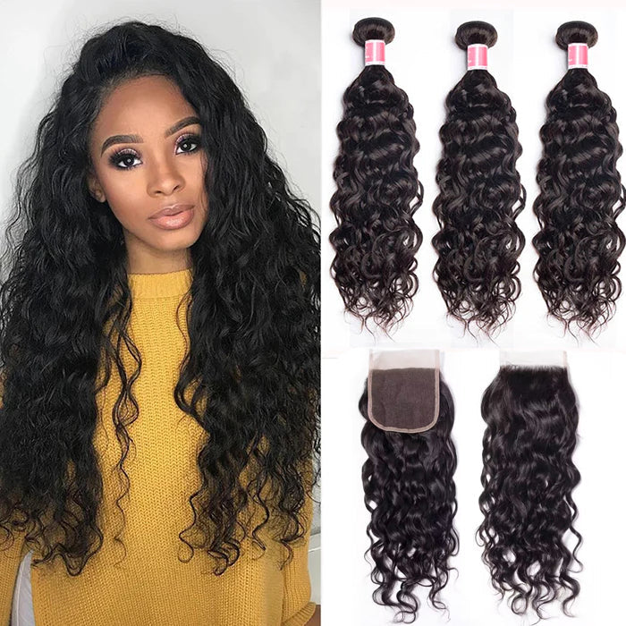 Peruvian Water Wave 3 Bundles with 4*4 Lace Closure Virgin Human Hair Hermosa Hair