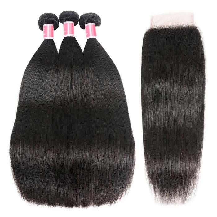 Malaysian Straight Hair 3 Bundles with 4*4 Closure Soft Unprocessed Virgin Human Hair Hermosa Hair