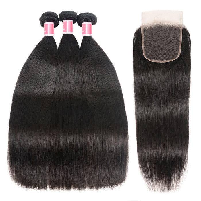 Malaysian Straight Hair 3 Bundles with 4*4 Closure Soft Unprocessed Virgin Human Hair Hermosa Hair