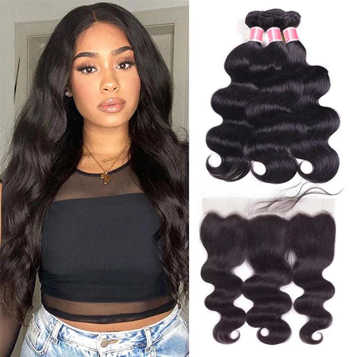 Malaysian Body Wave Virgin Hair Weave 3 Bundles With 13x4 Lace Frontal Ear To Ear Hermosa Hair