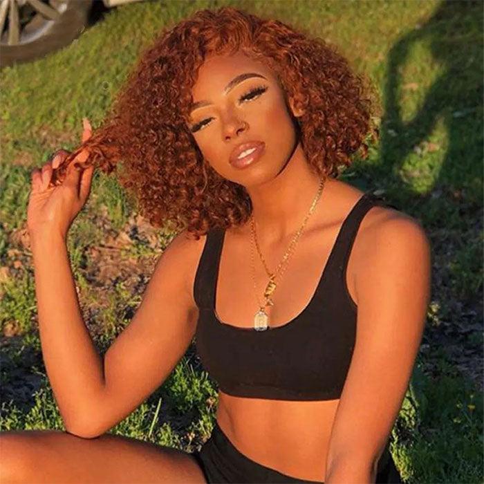 Reddish Brown Color Curly Short Bob Wigs 13X413x6 HD Lace Front Human Hair Wigs Pre-Plucked Hairline hermosahair