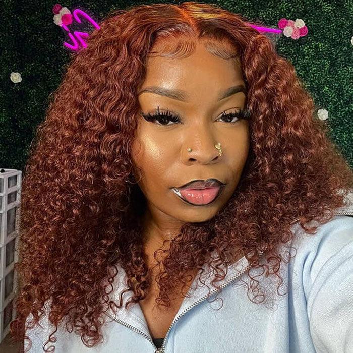 Reddish Brown Color Curly Short Bob Wigs 13X413x6 HD Lace Front Human Hair Wigs Pre-Plucked Hairline hermosahair