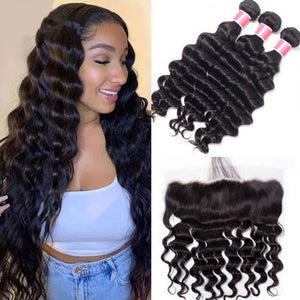 Peruvian Loose Deep Wave Virgin Hair Weave 3 Bundles With 13*4 Lace Frontal Hermosa Hair