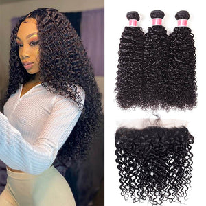 Malaysian Curly Hair Virgin Hair Weave 3 Bundles With 13x4 Lace Frontal Ear To Ear Hermosa Hair