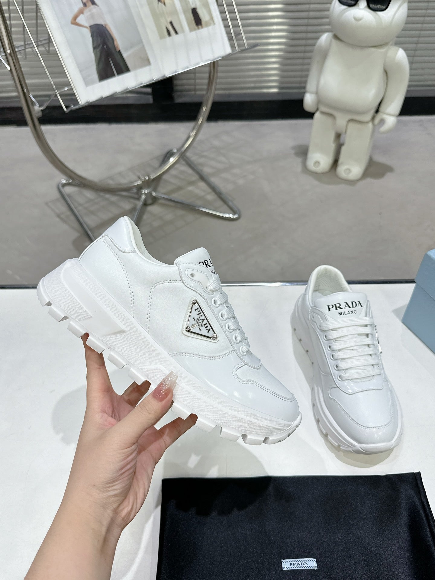 PRD Triangle Logo Leather Sneakers Triple White-046 Designer Sneakers