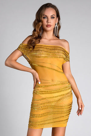 Dale Rhinestone See-Through One Shoulder Dress Acmefun