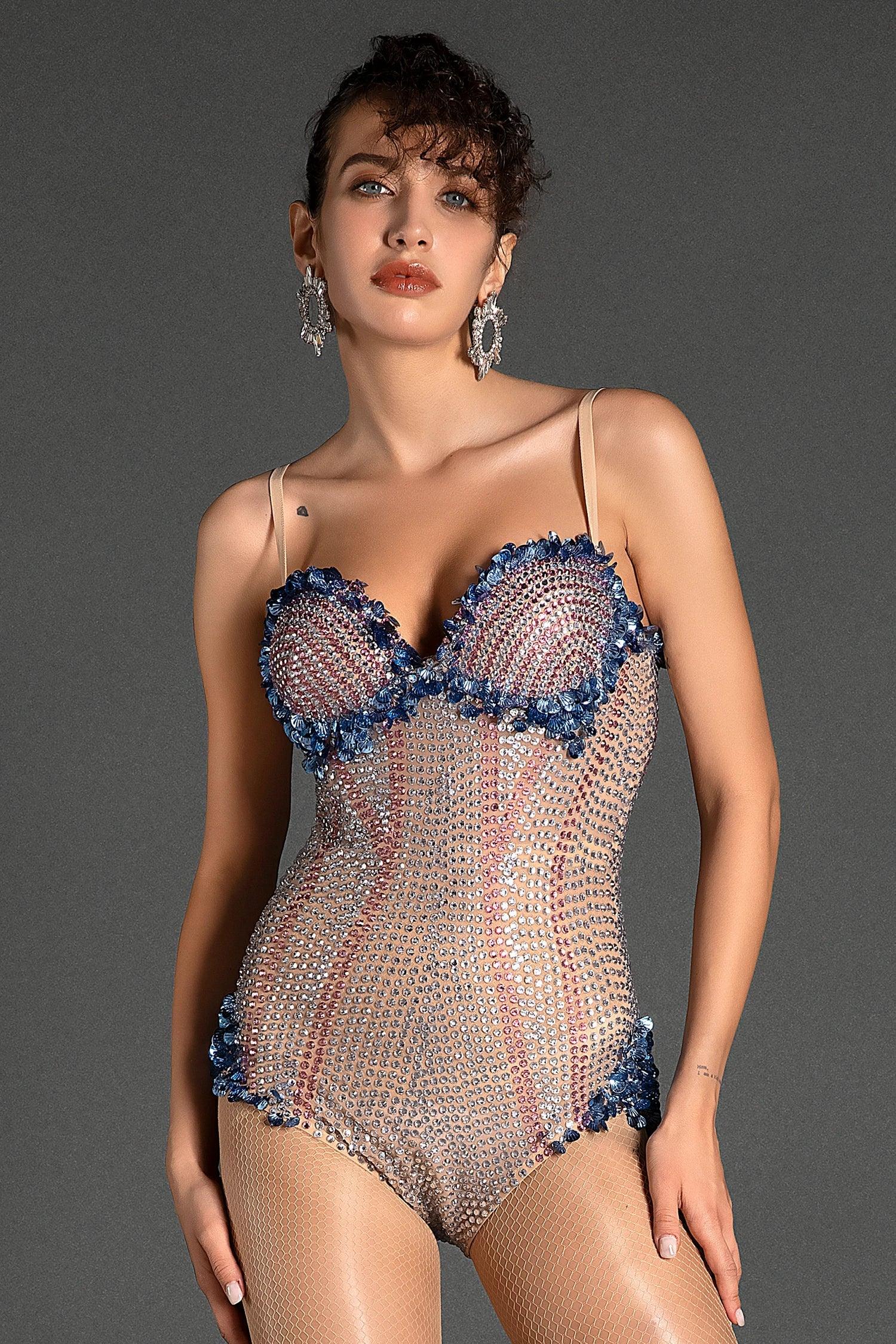 Pre-Sale Glaratos Strap Sequin Rhinestone Bodysuit In Blue