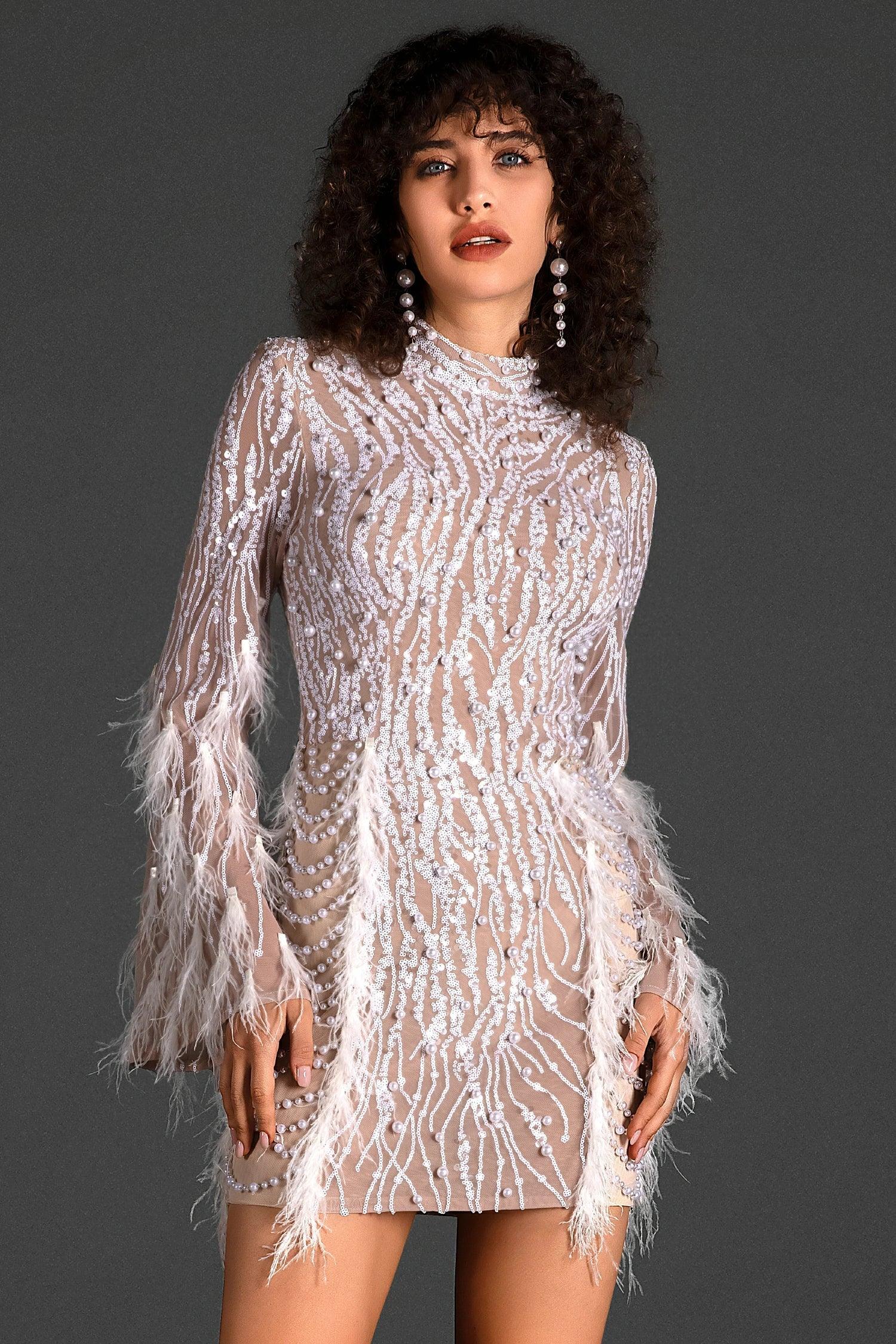 Rubab Long Sleeve Pearl Feather Mini Dress