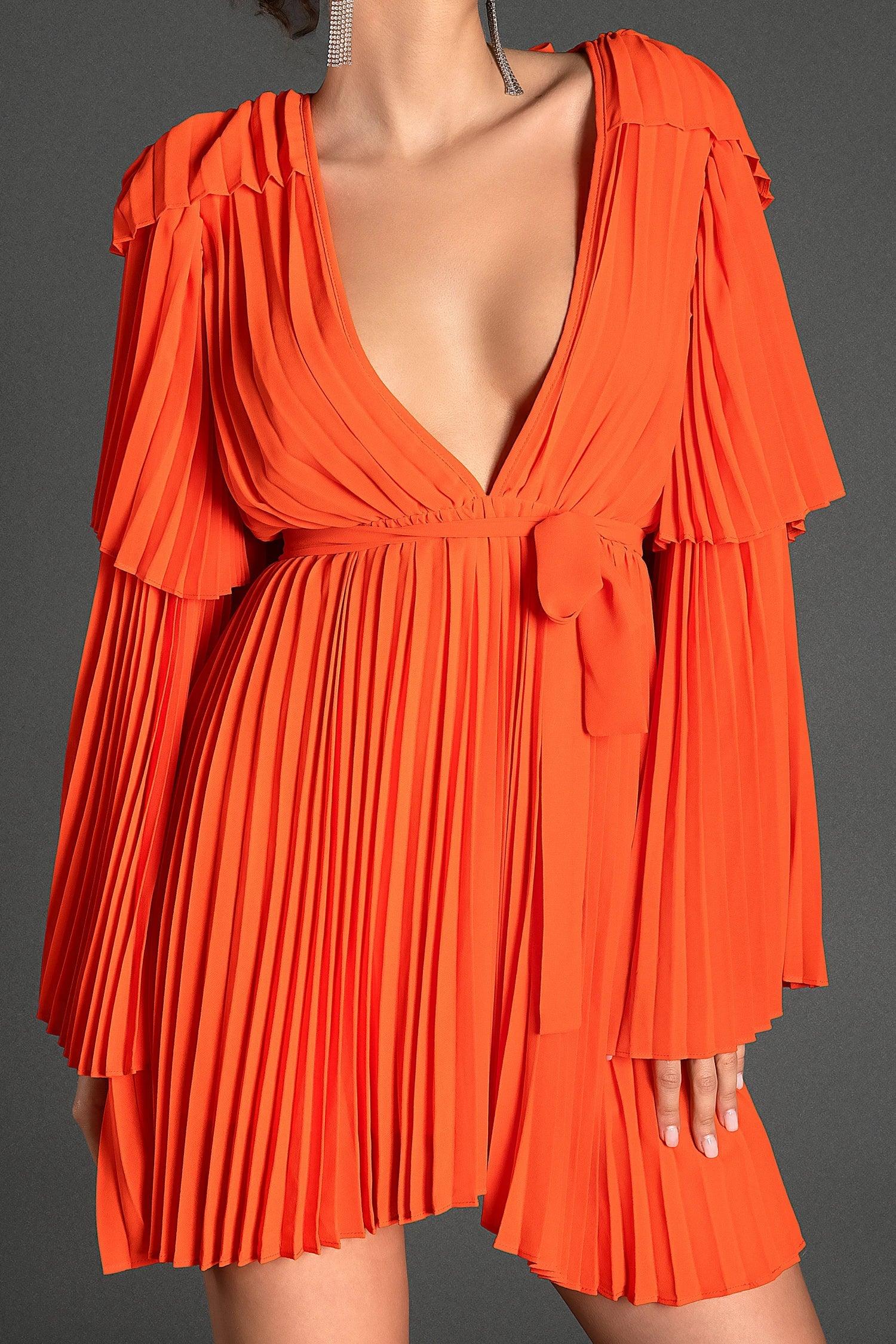 Sappho V-Neck Bell Sleeve Pleated Dress