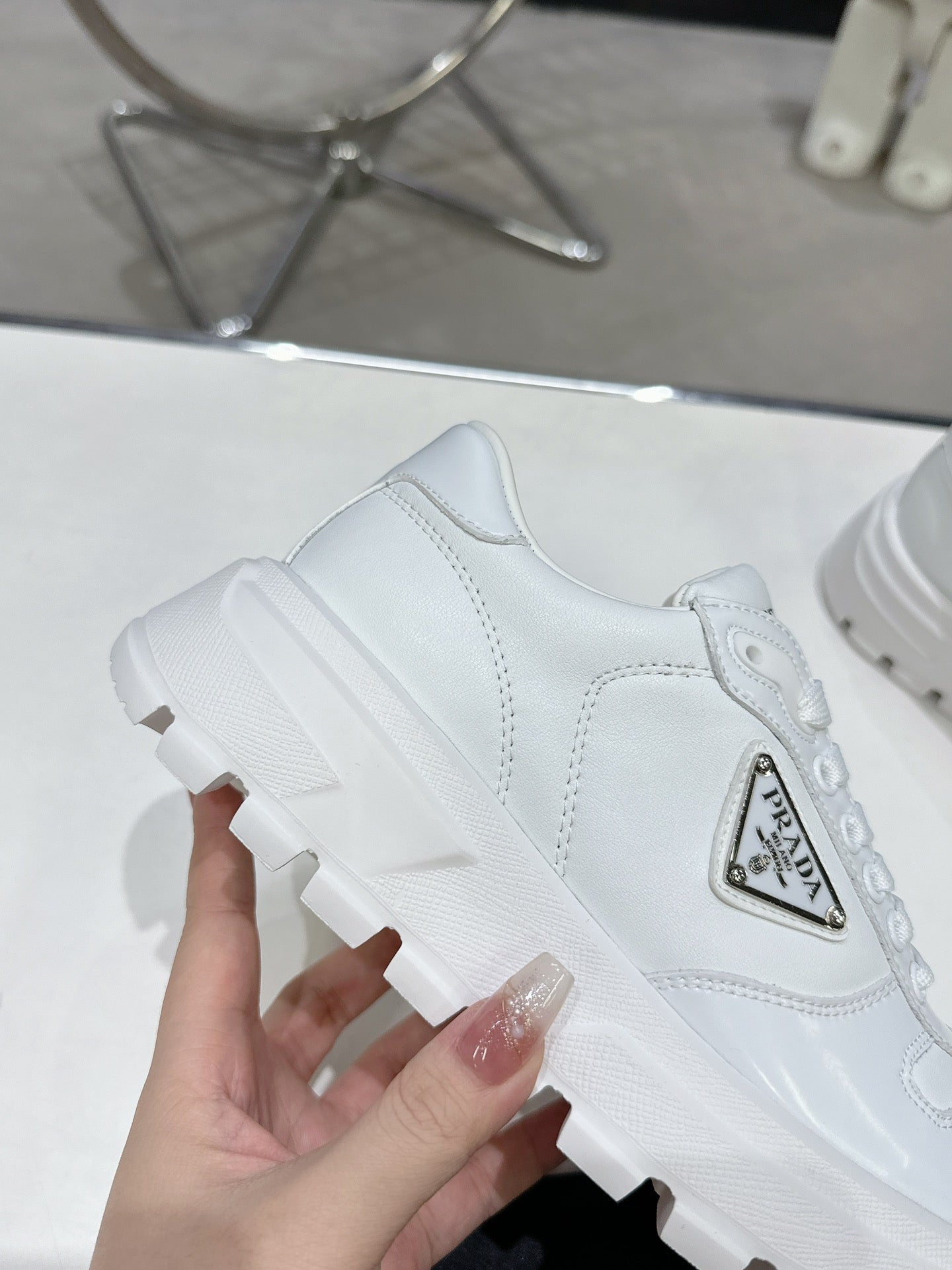 PRD Triangle Logo Leather Sneakers Triple White-046 Designer Sneakers