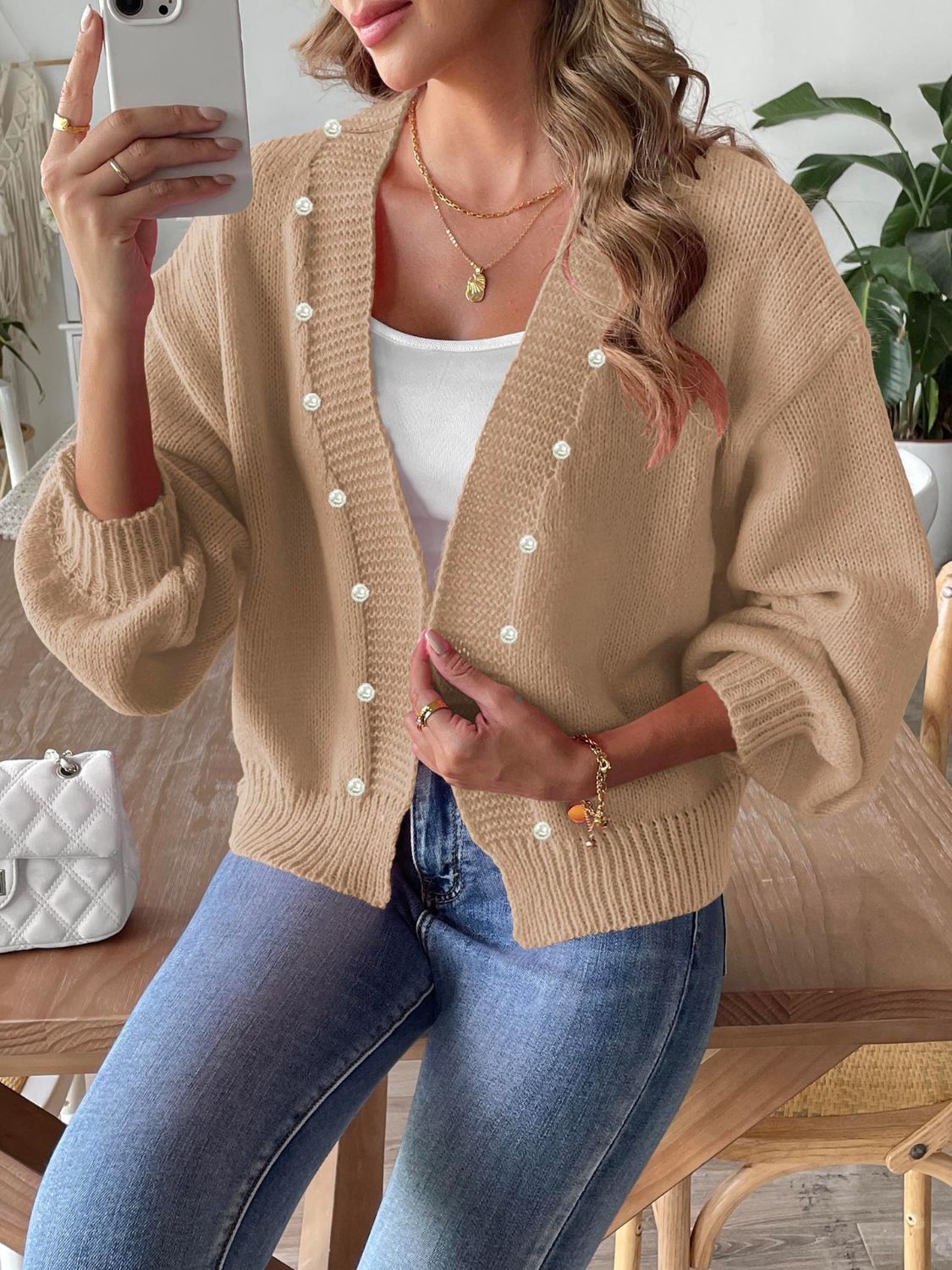 Pearl Open Front Long Sleeve Cardigan