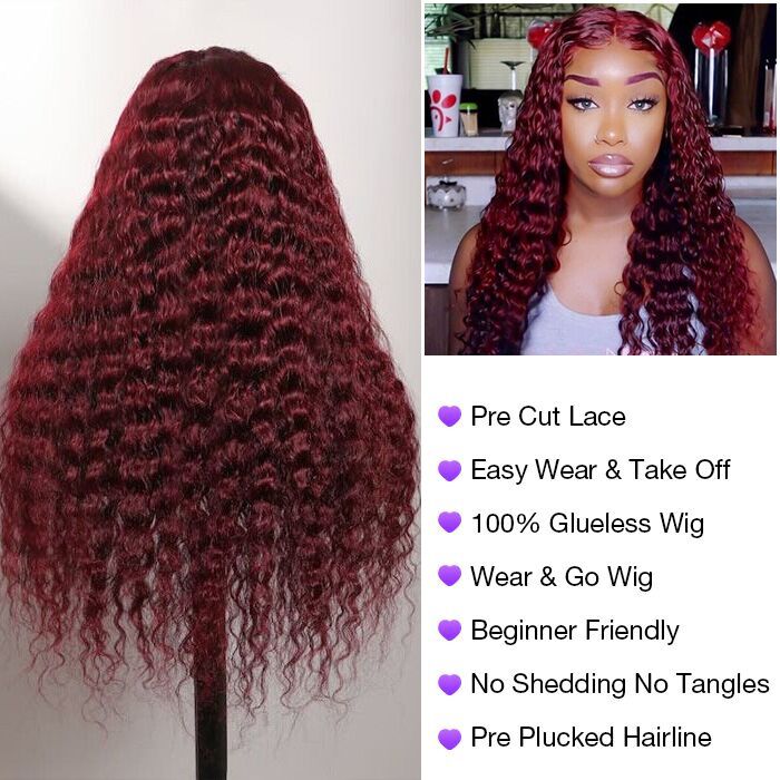 #99J Burgundy Wig Deep Wave Glueless Ready & Go Pre Cut Lace Closure Wig with Natural Hairline - 1984brand