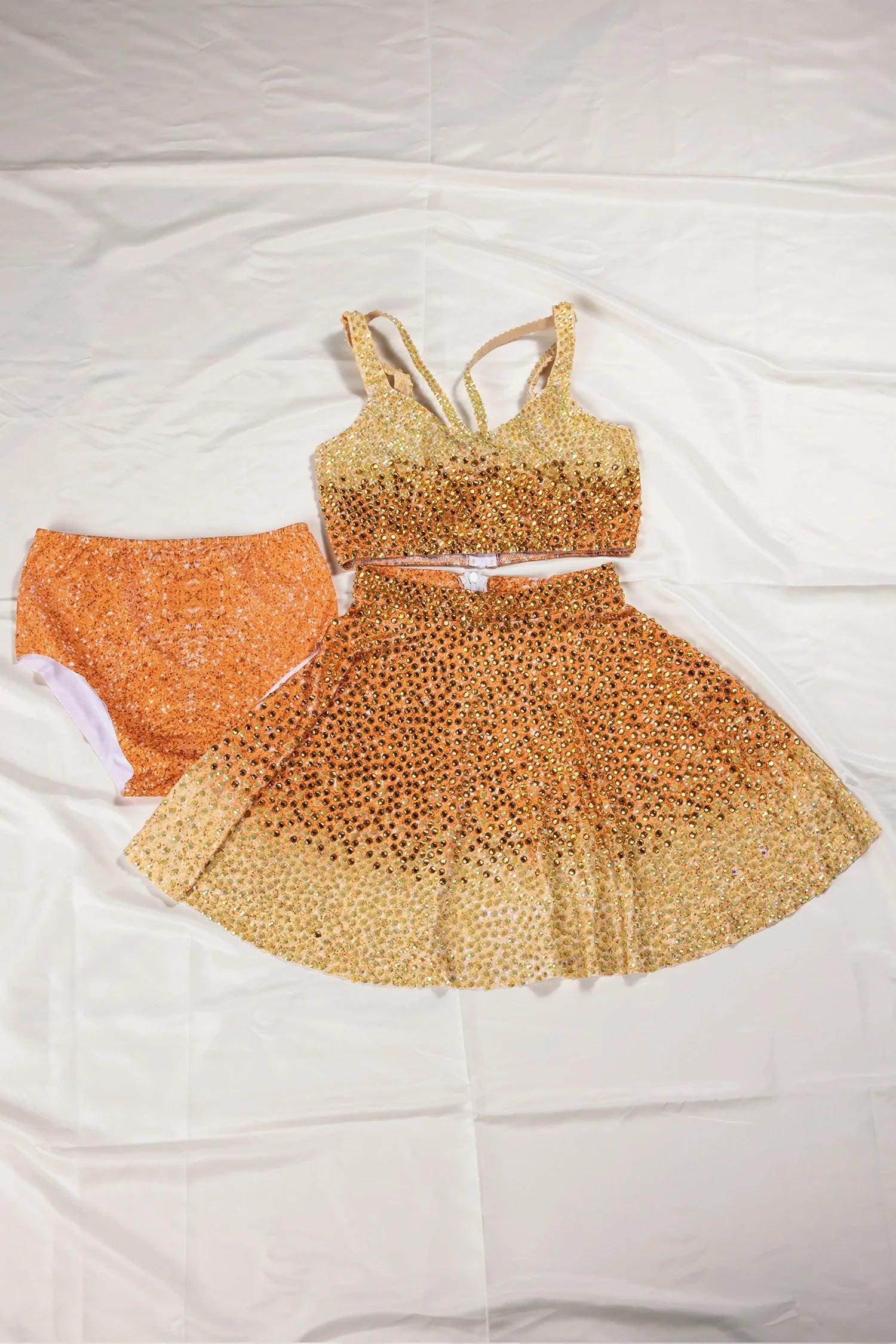 Pre-Sale Sloan Yellow Rhinestone Ombre Glitter 3 Piece Skirt Set Acmefun