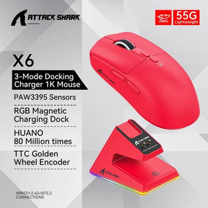 Attack Shark X6 PAW3395 Bluetooth Mouse,Tri-Mode Connection,RGB Touch Magnetic Charging Base,Macro Gaming Mouse