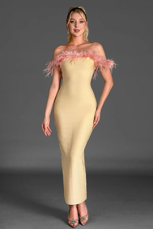 Rinakou Strapless Feather Maxi Dress