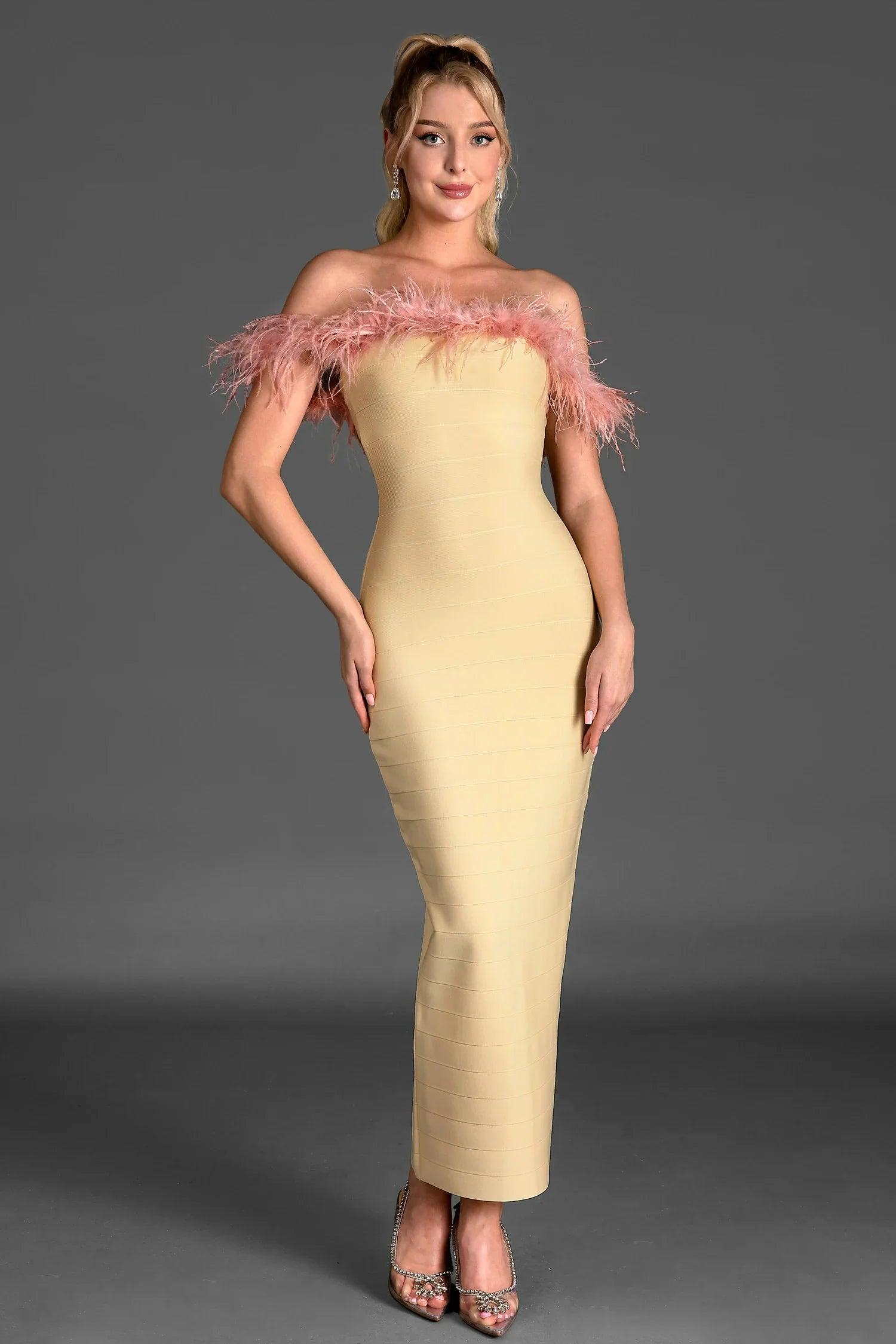 Rinakou Strapless Feather Maxi Dress