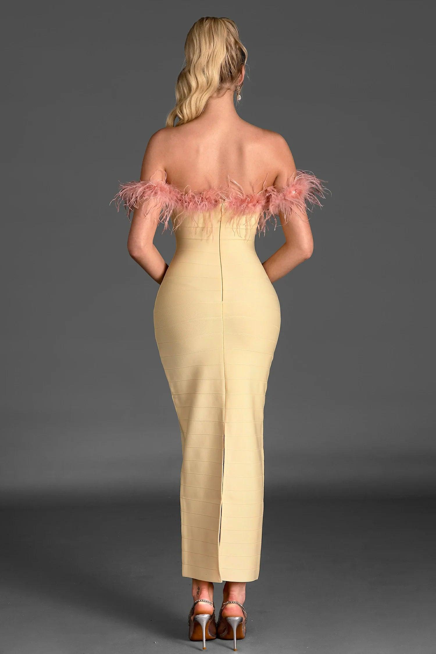 Rinakou Strapless Feather Maxi Dress