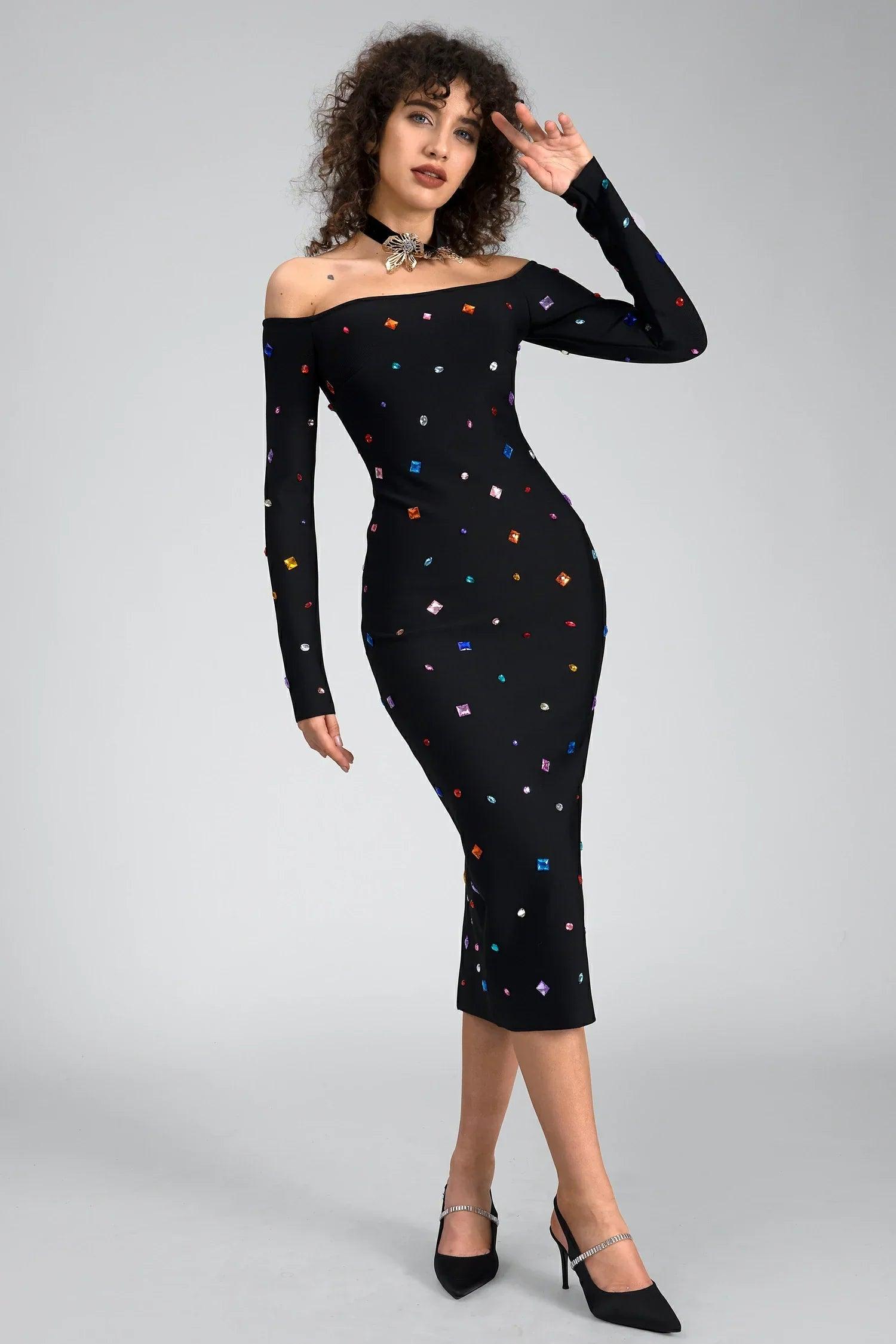 Ganide Crystal Long Sleeve Midi Dress