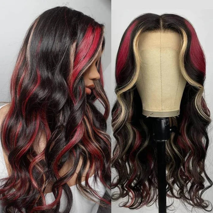 Multi Color Red And Blonde Highlights 13x4 Lace Front Body Wave Wig Hermosa Hair