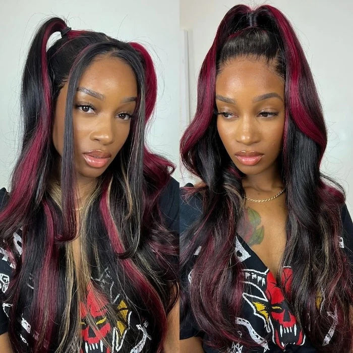 Multi Color Red And Blonde Highlights 13x4 Lace Front Body Wave Wig Hermosa Hair