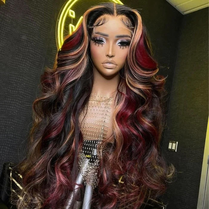 Multi Color Red And Blonde Highlights 13x4 Lace Front Body Wave Wig Hermosa Hair