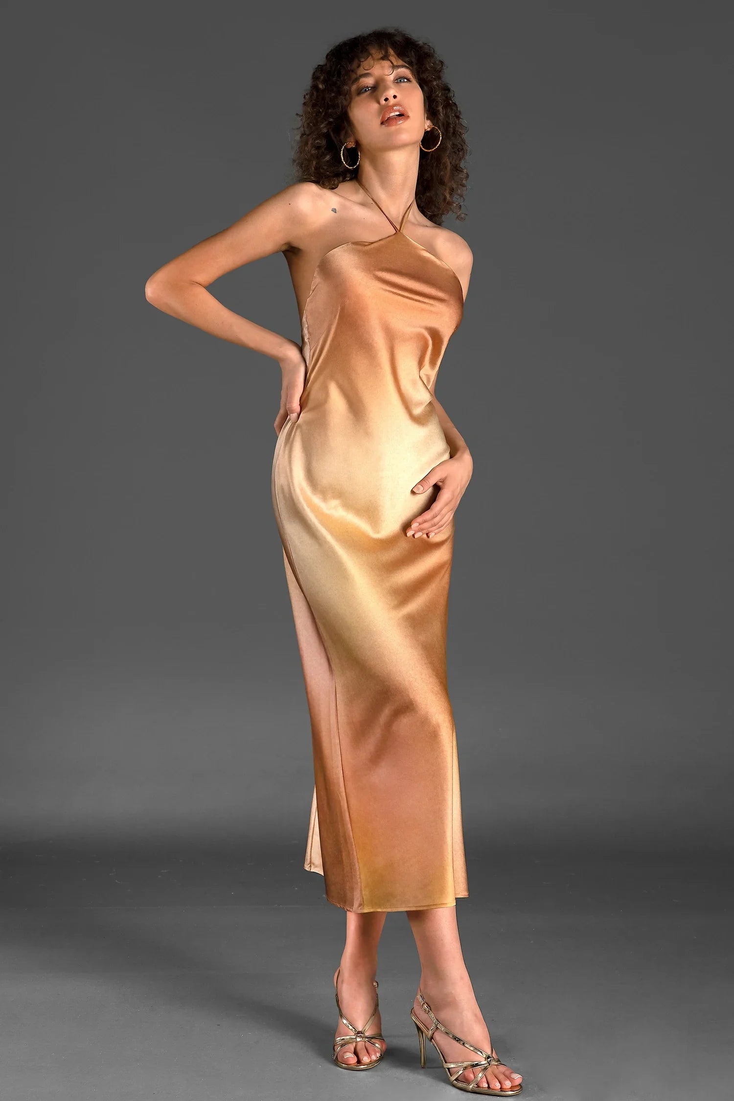 Zanelis Halter Gradient Silk Dress In Gold