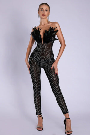 Lou Feather Rhinestone Mesh Jumpsuit