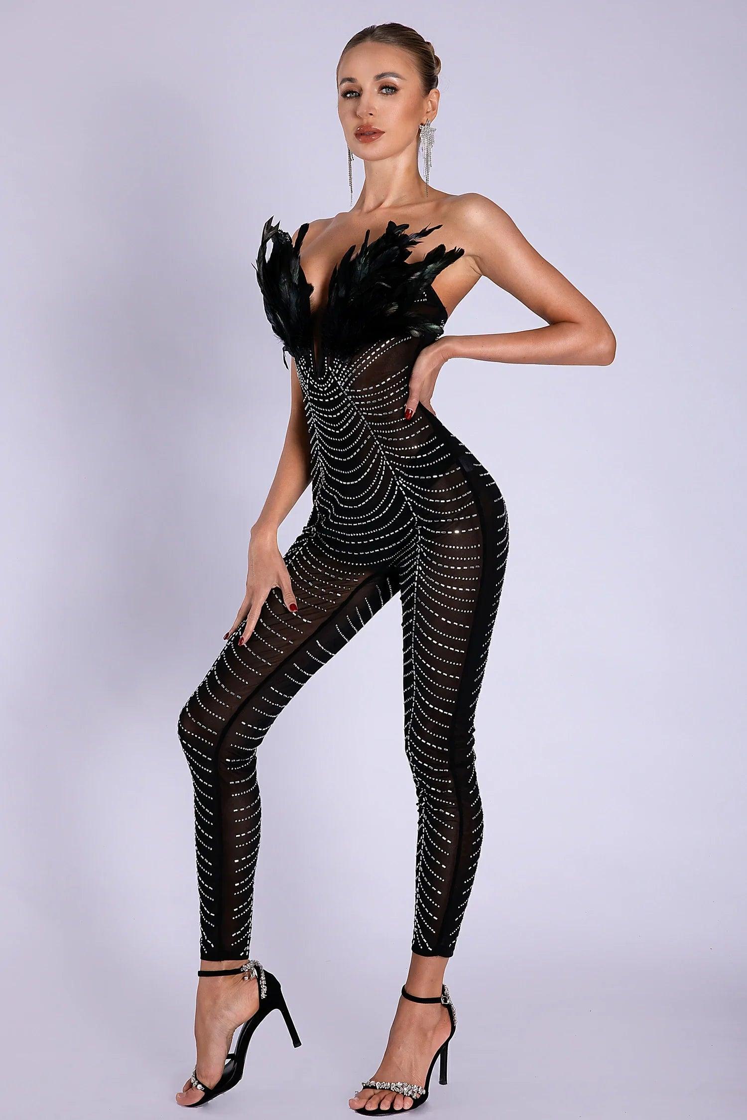 Lou Feather Rhinestone Mesh Jumpsuit